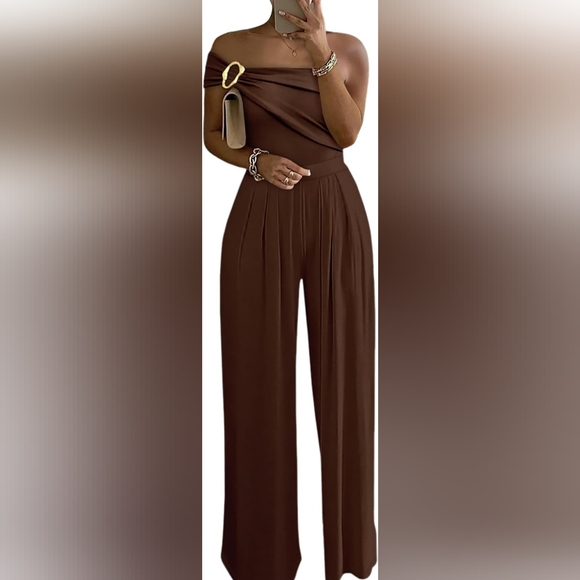 Brown Womens Sleeveless Jumpsuit One Shoulder Ruched Romper - Picture 1 of 4